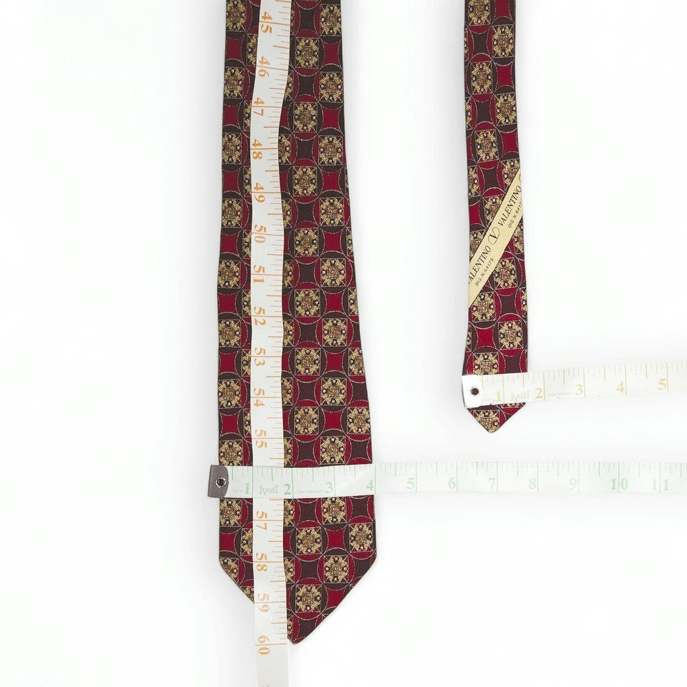 Vintage Valentino V Silk Necktie Geometric Medallion Burgundy Gold Made Italy OS - Picture 3 of 3